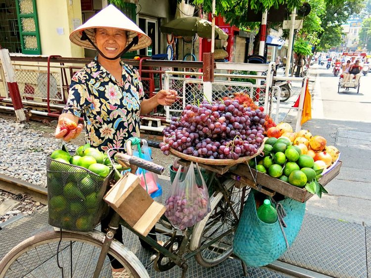 Best Things to do and See in Hanoi Vietnam, woman selling fruit from the bicycle market stall